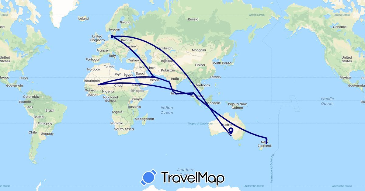 TravelMap itinerary: driving in United Arab Emirates, Denmark, Indonesia, India, Sri Lanka, Maldives, Malaysia, New Zealand, Oman, Seychelles, Singapore, Thailand (Africa, Asia, Europe, Oceania)